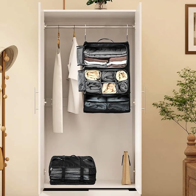 TABITORA Travel Portable Hanging Shelves Closet Organizer Packing Luggage Storage with Multifunctional and Foldable Invisible Compartment,Lightweight, for Suitcase, RV,Closet…Black,XL