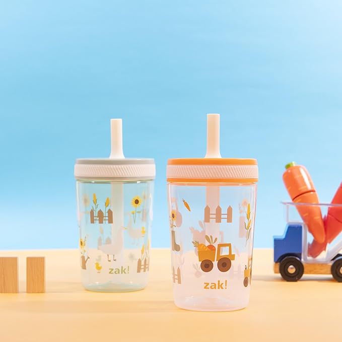 Zak Designs Kelso Toddler Cups For Travel or At Home, 15oz 2-Pack Durable Plastic Sippy Cups With Leak-Proof Design is Perfect For Kids (Silly Goose, Harvest)