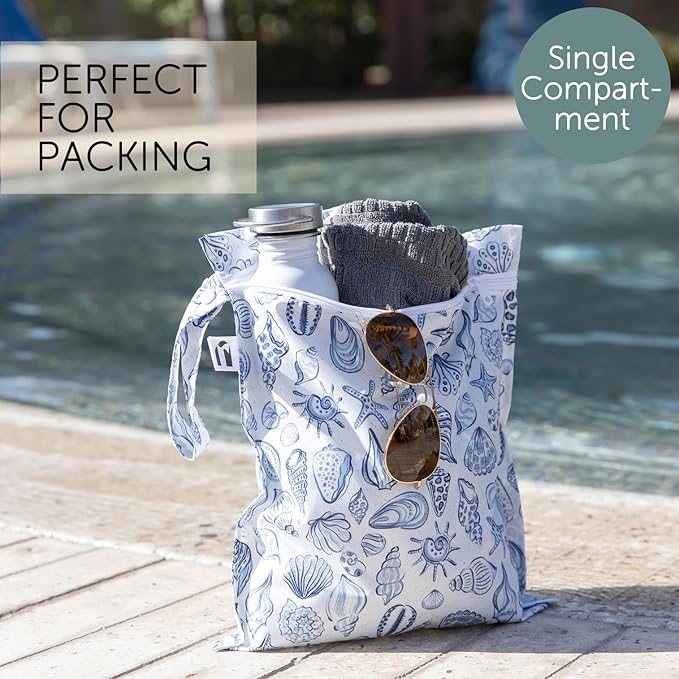 Roamio Waterproof Wet Bag for Baby, Travel, Swim Suit, Cloth Diapers, Pump Parts, Pool, Gym Clothes, Beach, Toiletry, Hook to Stroller, Daycare, Zipper Reusable Bag, Wetdry Packing Pouch, Blue Shells