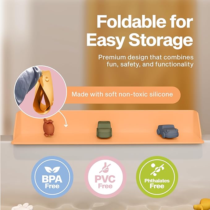 Original Little Splasher PlayPad, Bathtub Splash Guard Play Shelf - Toy Tray Caddy Holder Storage - Suction Cups Attach to Bath Tub - No Mess Water Spill in Bathroom for Toddlers Kids Baby (Orange)