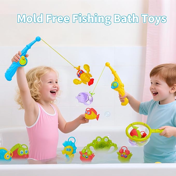 Toddler Bath Toys for Kids, 26PCS Mold Free Bath Toys with Hook-Type Fishing Rod Net Floating Sea Animals and Storage Bag, Bathtub Water Table Pool Toys for Toddlers and Babies