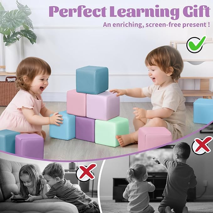 Foam Building Blocks for Toddlers:12-Pieces Wipeable Leather Stacking Cubes Kids - Large Soft Toys Play Set for Learning Construction Baby Preschool Daycare Therapy Birthday Gift (Purple Pink)