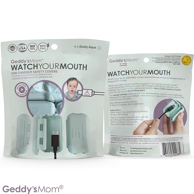 Geddy's Mom - Watch Your Mouth - The Award Winning Child Safety USB Cover Cap - Made in The USA - Baby Proofing Toddler Shock Prevention - 6 Pack (Dusty Aqua)