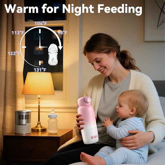 Portable Bottle Warmer, Large 12oz Capacity with Dual Heating Modes for Breast Milk & Water, Smart Temperature Control, Long Battery Life, Bottle Warmer for Outdoor, Airplane & Car Travel, Pink