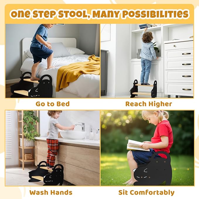 COSYLAND Two Step Stool for Kids - Non-Slip Toddler Potty Training Stool for Sink/Kicthen/Bathroom/Bedroom, Lovely Cat Style Toddler Step Stool with Handles Easy to Move (Natural & Black)