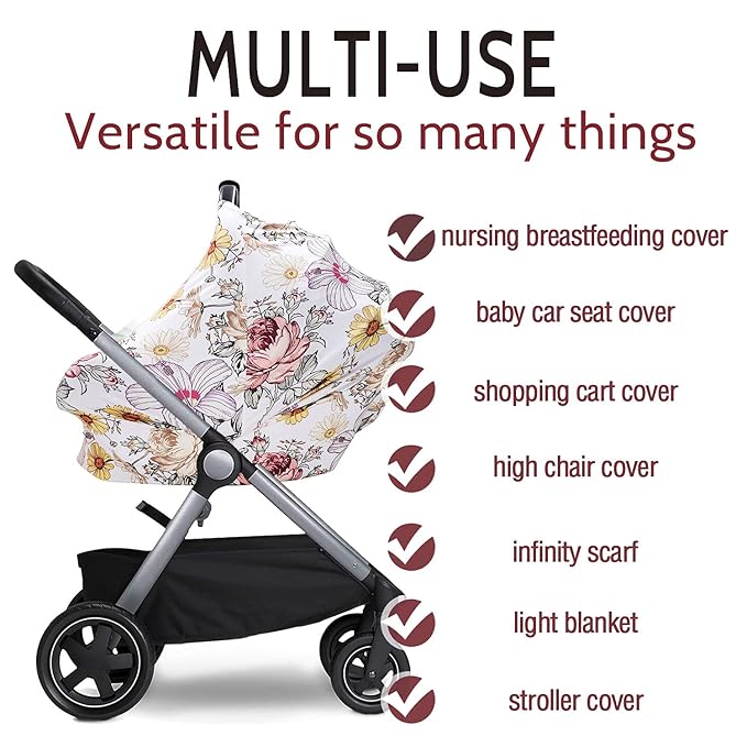 Floral Baby Car Seat Cover Girls, Infant Carseat Canopy, Stretchy Multi- use Nursing Cover for Stroller/High Chair/Shopping Cart/Car Seat Canopies