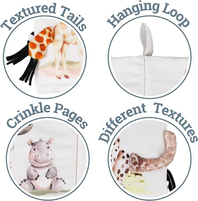 Ali+Oli Baby Cloth Book – Soft Sensory Crinkle Book with Textured Tails for Infants 0-12 Months – Early Learning Touch & Feel Tummy Time Toy – Newborn Shower Gift - Safari Friends