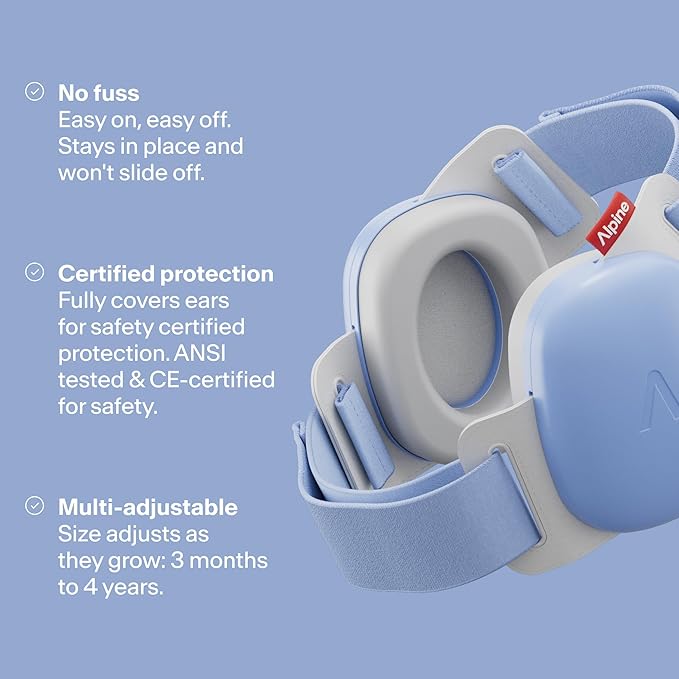 Alpine Muffy Baby Comfort - Protects Hearing for Babies and Toddlers - CE & ANSI Certified - Unique Headband for Safe fit & Comfort - Multi-adjustable for Ages 3-48 Months - 24dB Sound Reduction, Blue