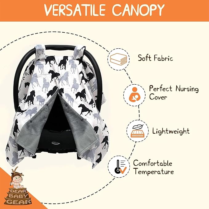 Dear Baby Gear Car Seat Cover for Boys & Girls - Baby Carseat Canopy w/Snap Opening - Infant Seat Cover - Stroller & Nursing Covers - Newborn Carrier Canopy - 40x30" (Black and Gray Horses)