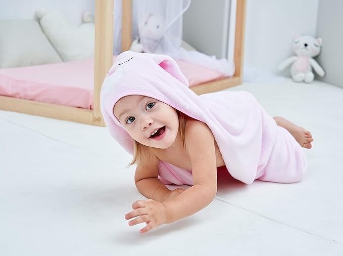 HIPHOP PANDA Hooded Towel - Rayon Made from Bamboo, Bath Towel with Bear Ears for Newborn, Babie, Toddler, Infant - Absorbent Large Baby Towel - Pink Rabbit, 30 x 30 Inch