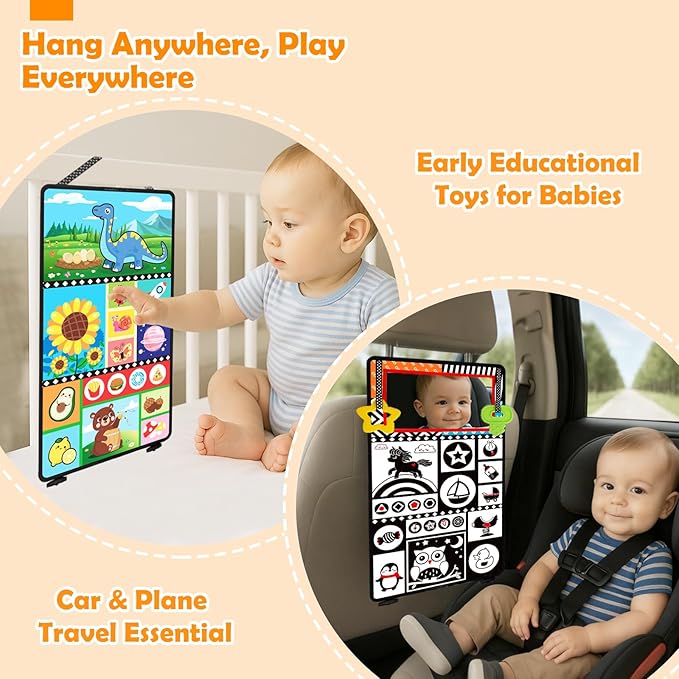 Baby Toys 0-6 Months - Tummy Time Toy Black and White High Contrast Newborn Toys - Baby Mirror with Cloth Book Teether - Montessori Sensory Crinkle Toy for Infant 0-3-6-12 Month Boy Girl Shower Gifts