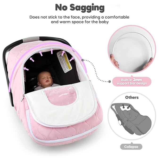 Winter Baby Car Seat Cover, Waterproof, Windproof Warm Fleece Breathable with Full Zipper for Newborn Car Seat, Pink
