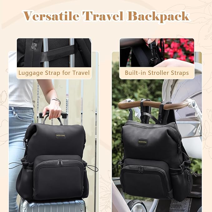 miss fong Diaper Bag Backpack - Baby Diaper Bag Neoprene Bag Large Capacity Neoprene Backpack with Diaper Changing Pad Travel Diaper Backpack Baby Backpack with 12 Pockets for Mom & Dad -Black