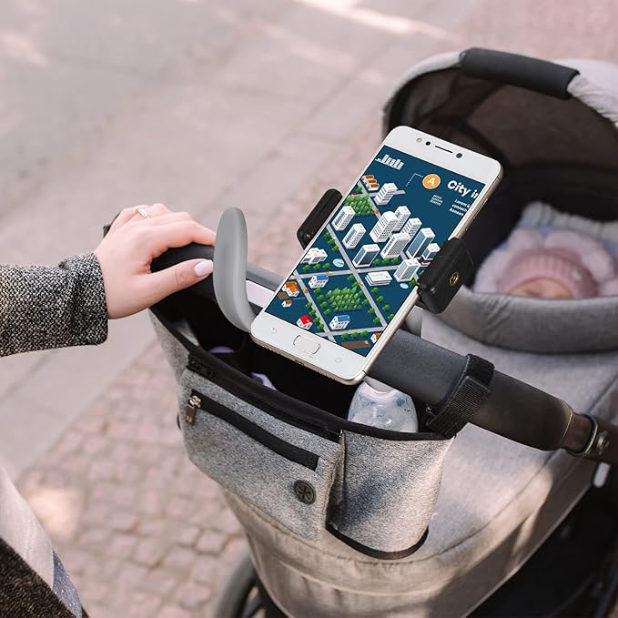 Amylove 2 Pcs Stroller Phone Holder Portable Cell Phone Holder Stand Universal Stroller Accessories for Parent Baby Toddler Cellphone Clamp with Non Slip Silicone Arm Grip(Black, Grey,Novel)