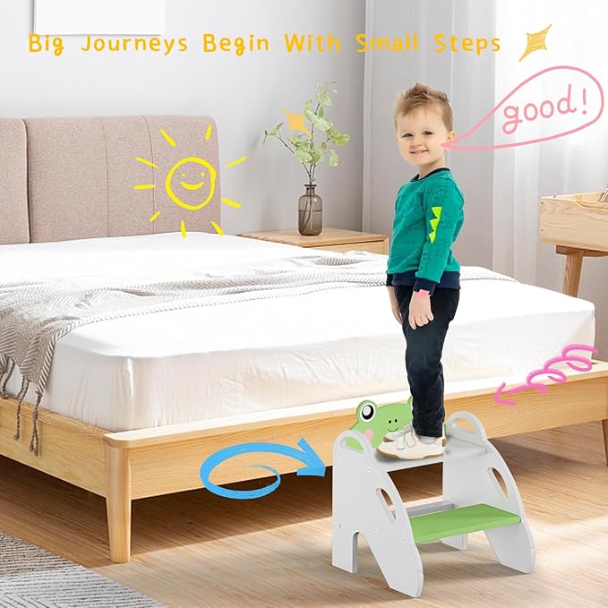 Frog-Themed Toddler Step Stool, 2-Step Stool for Bathroom Sink & Potty Training, Kids Kitchen Helper Stool with Safety Handles (Natural Wood, 120lbs Capacity)(Green)