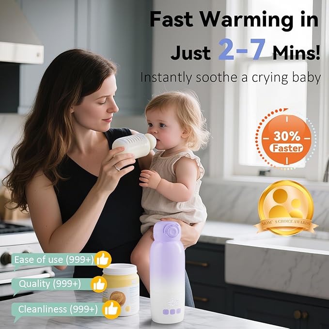 Portable Bottle Warmer for Travel: Large 12oz Capacity with Dual Heating Modes for Breast Milk & Water, Fast Heating Smart Temperature Control, Portable Milk Warmer Gifts for New Mom Purple