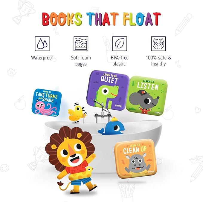 merka Learning Tub Bath Book Set for Toddlers - 6 x 6 in, Multicolor, 4-Pack - Baby Bath Toy for 3 Year Old - Waterproof Floating Bathtub Toys
