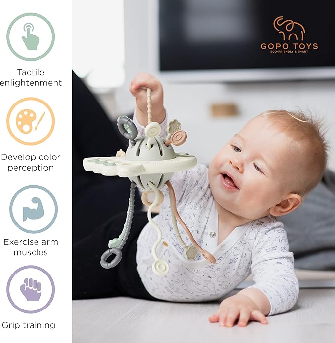 GOPO TOYS Baby Airplane Toys – Montessori Silicone Pull String Fidget for Babies 18 Months+ – Travel Toy for Plane, Car, and Stroller – Teether & Sensory Play