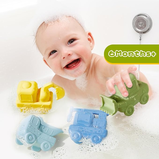 Mold-Free Baby Bath Toys, 4 Pack Silicone Bath Toys - Truck & Construction Toys | Soft, Squeezable & Float on Water | Easy-Grip Bath Toy Toddler 2-4 | Bathtub Water Pool Sand Toys for Baby Gifts