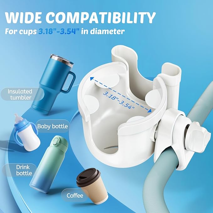 Stroller Cup Holder with Phone Holder, Guiseapue Cup Holder for Walker, Wheelchair/Bike/Rollator/Scooter Stroller Accessories for Uppababy, Nuna, Doona,Baby Travel Essential - White