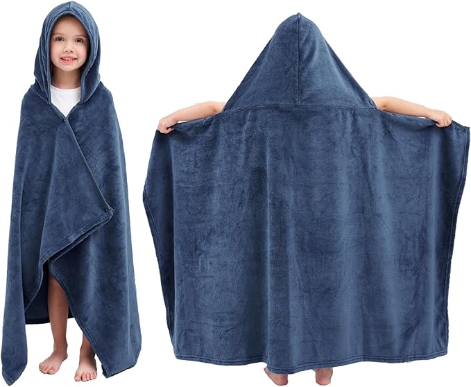 Hiturbo Kids Fleece Hooded Bath Towel: Soft Plush Pool Beach Towel Blanket - 50"x30" Toddler Towels Wrap for Boys Girls 3-12 Years (Navy)