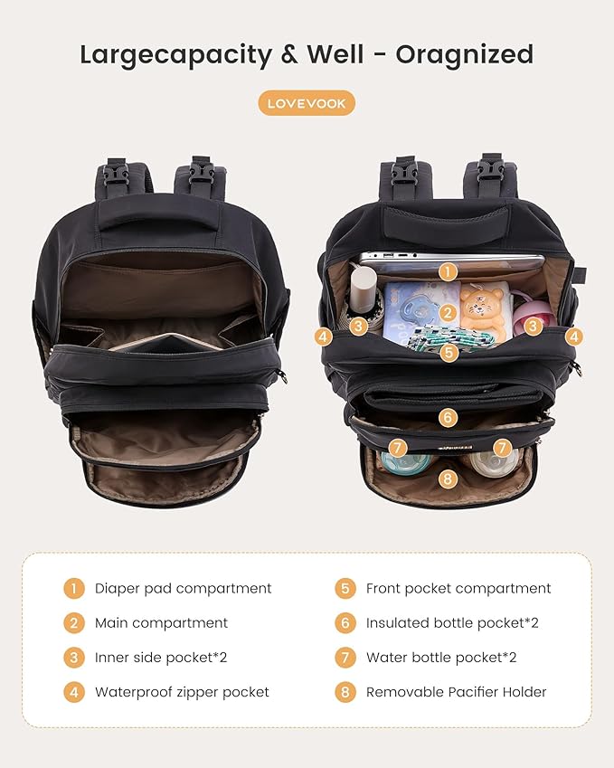 LOVEVOOK Diaper Bag Backpack, Baby Bag with Changing Pad for Mom Dad, Large Waterproof Mommy Bag with Stroller Buckles, Travel Essential with Pacifier Case & Insulated Bottle Pockets, Black