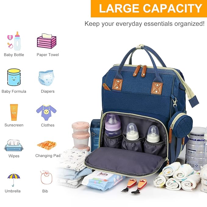 Diaper Bag with Changing Station, Waterproof Baby Bags for Boys & Girls, USB Charging Port for Parents, Must-Have Baby Essentials & Lovely Baby Shower Gifts, Blue