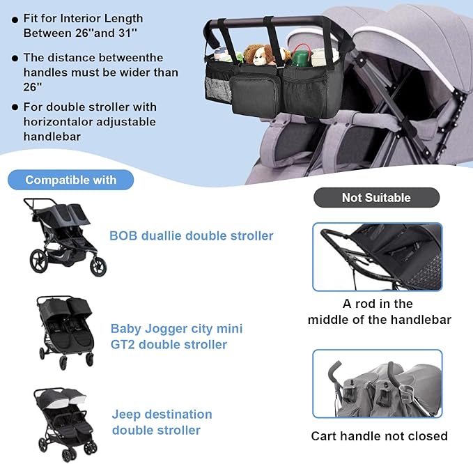 Succulentlovers Double Stroller Organizer - Caddy Compatible With Bob and Jogging Strollers, Side by Side Accessories With Cooler Pockets