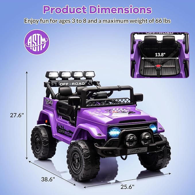 GarveeLife 12V Kids Ride On Car, Ride On Toy for Kids Ages 37-96 Months, Electric Truck with 5MPH Max Speed, Remote Control, Steering Wheel, Accelerator Pedal, Treaded Tires, Music and Story, Purple