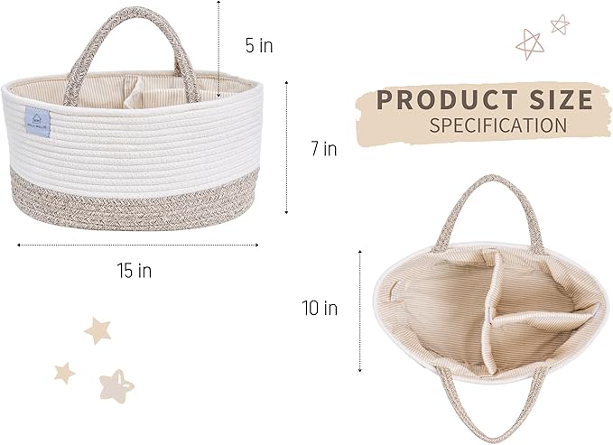 Baby Extra Large Cotton Rope Diaper Caddy, Organizer Storage Bin for Nursery Essentials, 100% Natural Cotton Eco friendly, Organizer with Removable Divider (White & Brown)