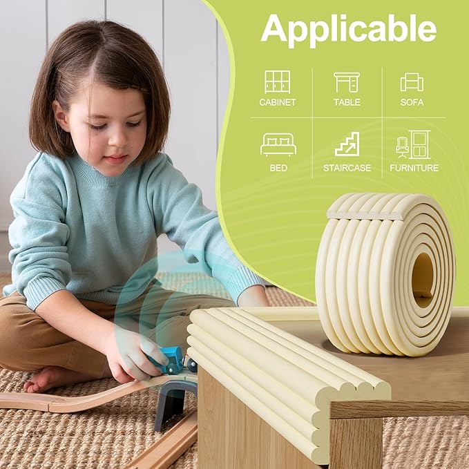 Baby Proofing Wall Corner Protector,Edge Guard Corner Protector,6.56ft Thinken Soft Corner Protectors Pre-Taped Soft Rubber Foam Edge Cushion for Furniture (White, 6.56Ft x 11.8" W x 0.47" Th)