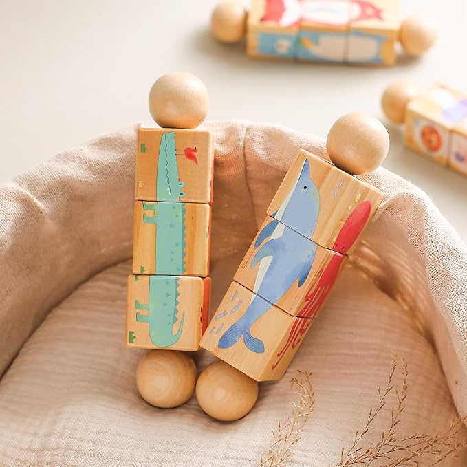 Promise Babe Wooden Animal Puzzle Toy for Toddlers 1-3, Rotating Spin Twist Blocks Set of 2, Learning Educational Montessori Toy Gifts for Kids Boys Girls, Whale and Fox