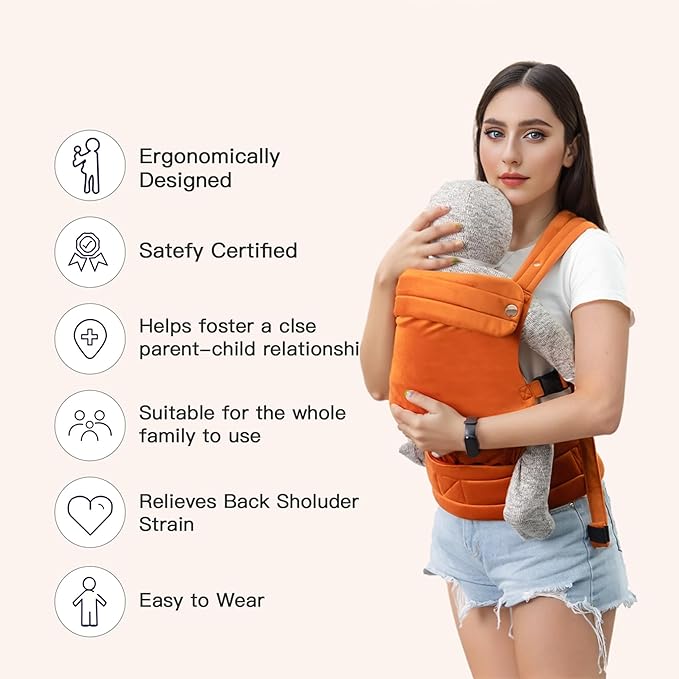 Baby Carrier for Newborn to Toddler, Cozy Baby Wrap Carrier 7-35 lbs, Ergonomic Backpack Design, Front and Back Facing Options, Orange