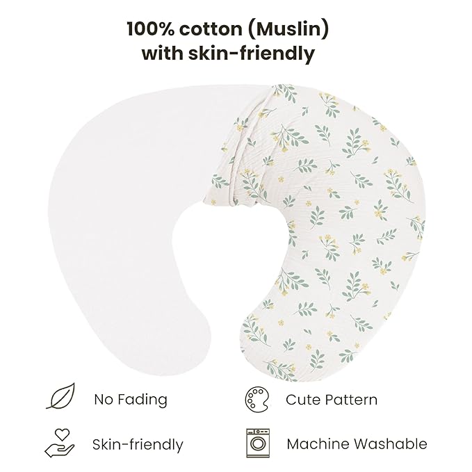 Konssy Muslin Nursing Pillow Covers, Soft and Cute Nursing Covers for Breastfeeding Pillows, Ideal for Newborn Baby Boys and Girls (Green, Leafy) - 2 Pack