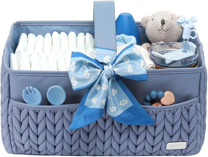 Luxurious Baby Diaper Caddy, Nursery Storage Basket for Newborn Essentials, Travel Baby Basket for Diapers Baby Wipes, Organizer Tote Bag Storage Bin, Baby Shower Gifts(ash blue)