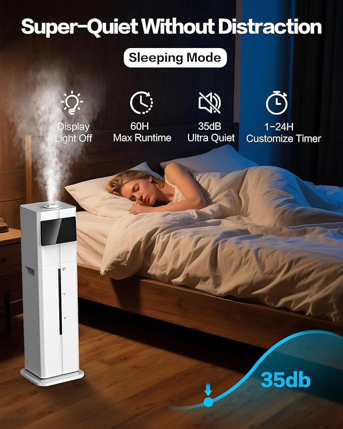 Cool Mist Humidifiers for Bedroom, Ultrasonic 2.4Gal 9L Quiet Top-Fill, Easy Clean with Essential Oil Tray, 360°Nozzle, 4 Speed, Remote, 60H Runtime, for Baby, Adults, Plants, Home, House, Large Room