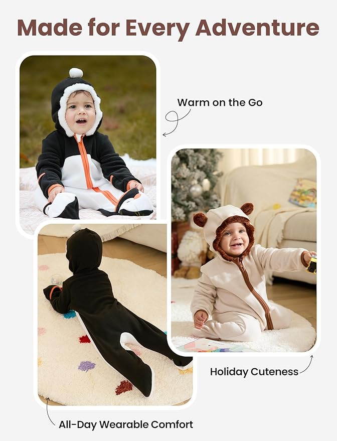 PATPAT Fleece Hooded Footed Romper Clothes, Soft Warm Footie Covers, Car Seat Friendly, Easy Zip, Cute Boy Girl