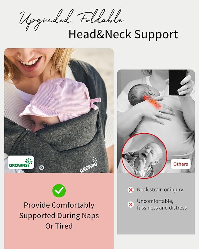 GROWNSY Baby Carrier Newborn to Toddler, Cozy Baby Wraps Carrier, Ergonomic Baby Carrier with Head Support, Deep Gray