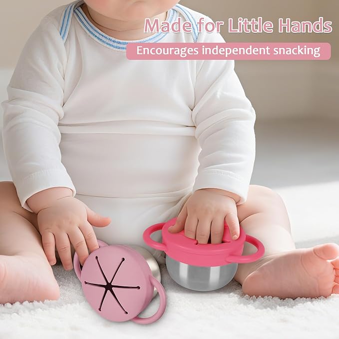 2 Pack 304 Stainless Steel Snack Cups for Toddlers, Snack Containers with Spill-Proof Silicone Travel Lid & Handle, Dishwasher Safe, Removable Snack Catcher for Baby, Toddler
