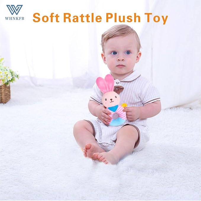 Baby Teether Rattle Toy - Soft Bunny Plush with Crinkle Squeaky Sound, Sensory Shaker for Newborns 0-12 Months, Infant Learning and Travel Stroller Toy