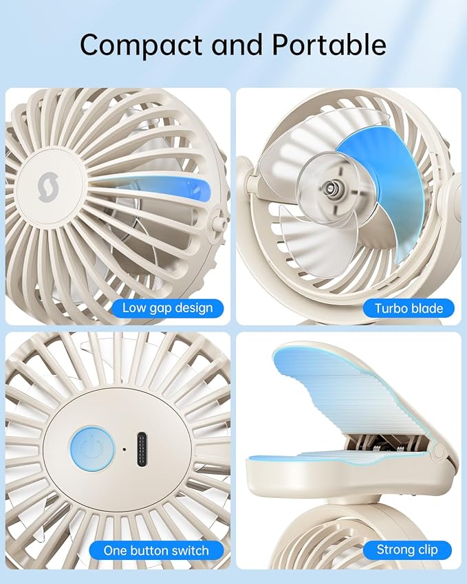 SWEETFULL Mini Clip on Fan - Portable Rechargeable Personal Fan with Strong Clamp, 3 Speeds, 11Hrs Cooling, Cute Small Desk Cooler for Stroller Bed Pet Carriers Umbrell Travel Outdoor - Beige