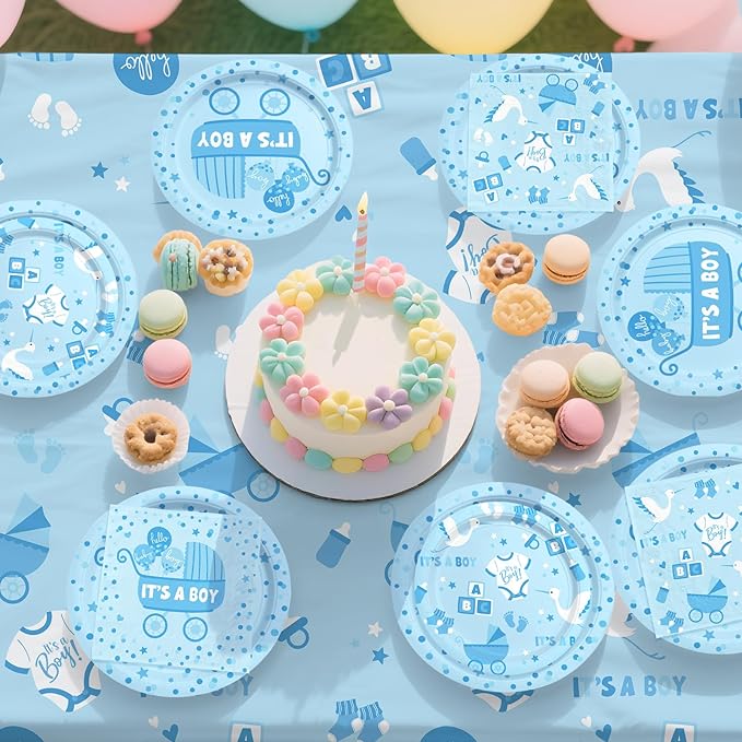 Baby Boy Shower Decorations for 24 Guests - It’s A Boy Decorations Kit Including Disposable Plates, Napkins, Cups, Tablecloth & Banner for Baby Shower Decorations Boy