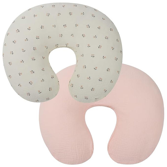 Onacosht Muslin Nursing Pillow Cover 2 Pack 100% Cotton Ultra Soft Breastfeeding Pillow Covers for Baby Boy and Girl, Floral and Light Pink