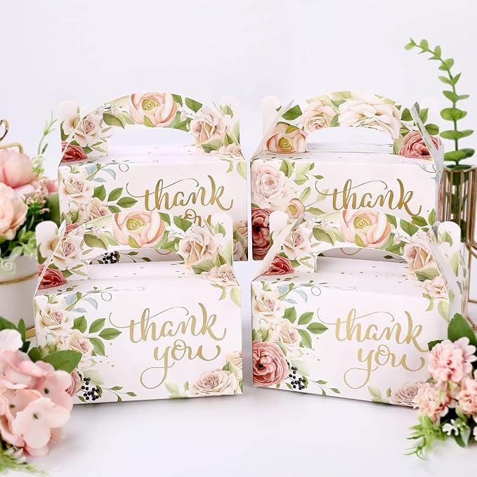 SOSFKIM Thank You Treat Boxes 12 Pack - Floral Party Favor Boxes Bulk Embossed Gold Foil - Goodie Gable Boxes for Baby Shower, Wedding, Birthday 6.3x3.5x3.5 Inch