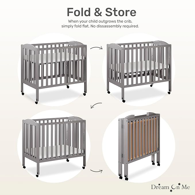 Dream On Me 3 in 1 Portable Folding Stationary Side Crib in Steel Grey, Greenguard Gold Certified, Safety Wheels with Locking Casters, Convertible, 3 Mattress Heights