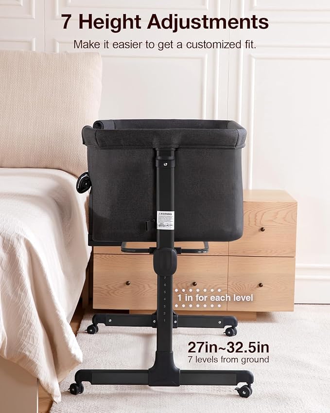 Larex Baby Bassinet, 3 in 1 Bassinets Bedside Sleeper for Newborn, Portable Crib Adjustable 7 Height Bedside Bassinet with Mattress and Wheels Dark Grey