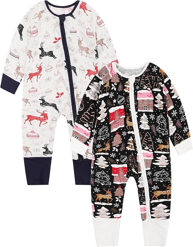 OPAWO Viscose from Bamboo Baby Pajamas Girl 2pack Mittens Cuff 2 Way Zipper Soft Footless Sleeper Baby Boy One-Piece Romper