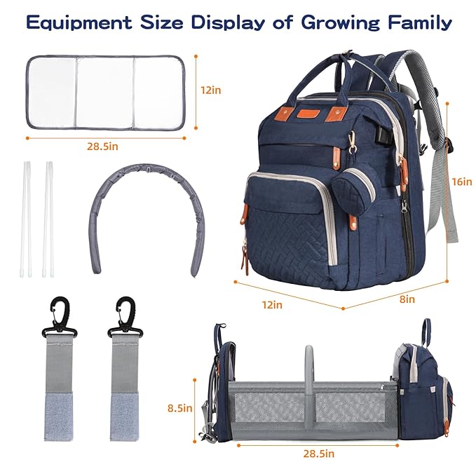 JOYCE Baby Diaper Bag Backpack, with Diaper Changing Station, Multi-functional Travel Diaper Waterproof Backpack, for Baby Boys and Girls, with Foldable Portable Pad and Sunshade (Large Blue)