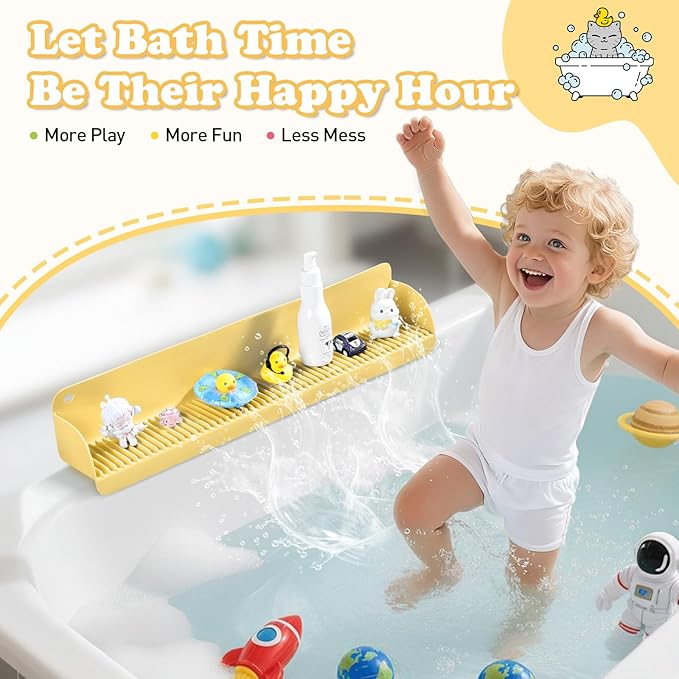 24 Inch Bathtub Splash Guard with 10 Suction Cups, Silicone Tub Water Splash Guard for Bathtub, Bath Toy Tray Holder Play Shelf for Kids, Universal for Bathroom, Kitchen Sink (Yellow)
