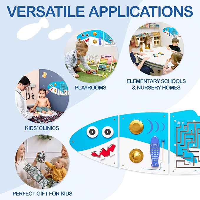 Monläurd® Shark Montessori Busy Board, Sensory Board, Educational Toys, Sensory Wall Panel, Wall Toys, Daycare Furniture, Playroom Furniture, Learning Toys, Boys and Girls 6 M+